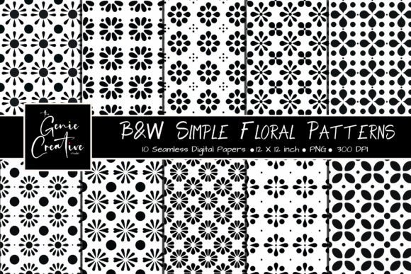 B W Simple Floral Seamless Patterns Set