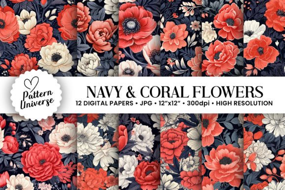 Coral Navy Flowers Seamless Patterns